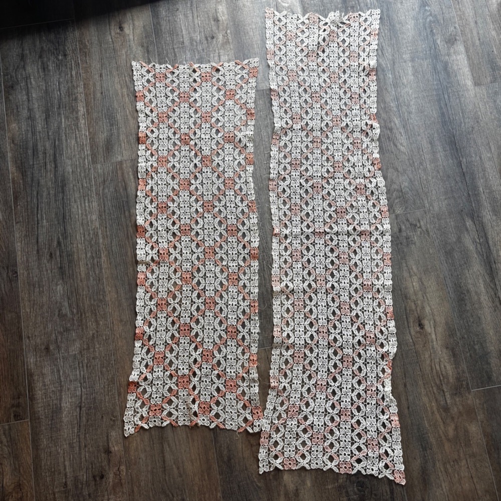 Vintage Handmade Crochet Lace Table Runner Set 2 Cream Terracotta Floral 34"
